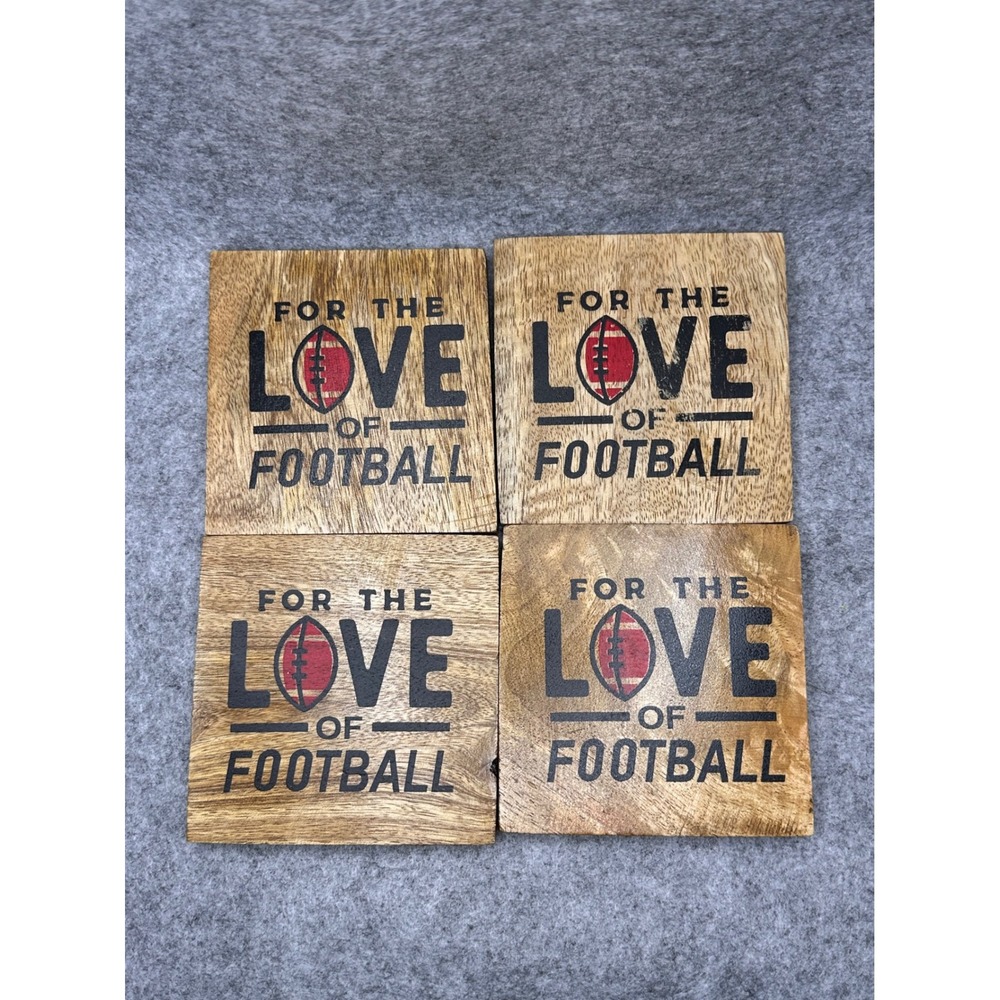 For the Love of Football Wooden Coasters Set of 4 Rustic‎ Game Day Decor 4x4